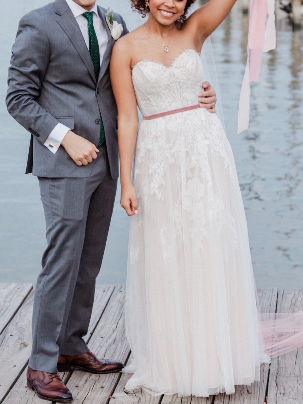 Sweetheart Lace Tulle Wedding Dress with Blush Sash